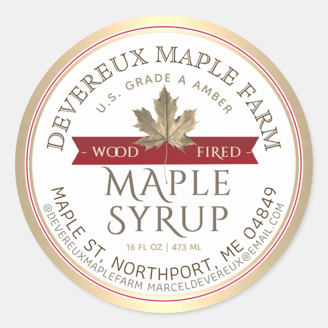 Maple Syrup Wood Fired Red Banner Gold Leaf Classic Round Sticker (Front)