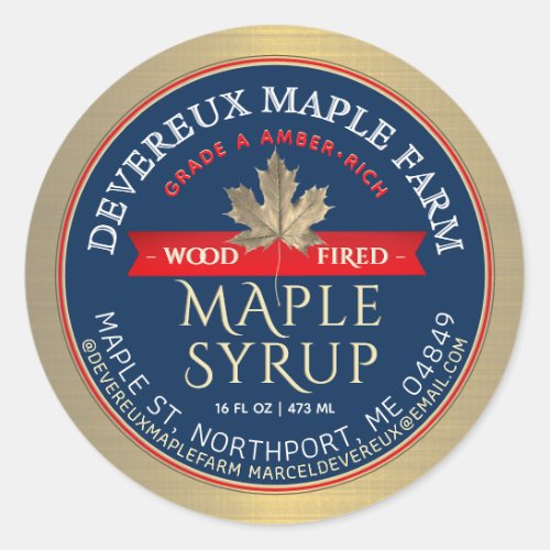 Maple Syrup Wood Fired Red Banner Gold Leaf   Classic Round Sticker