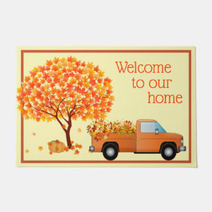 Maple Tree and Truck Filled With Leaves - Country Doormat