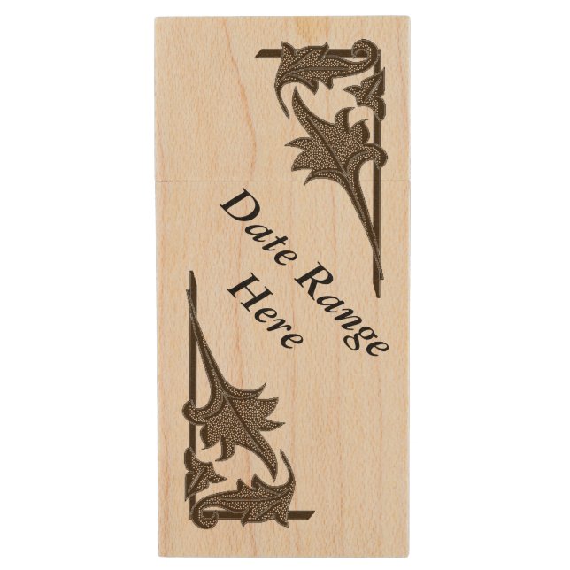 Maple USB - Leafy Brackets with Text Wood Flash Drive (Front Vertical)