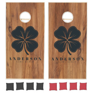 Maple Wood Four Leaf Clover with Name Cornhole Set