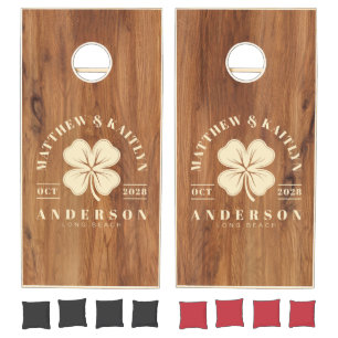 Maple Wood Irish Lucky Clover Wedding Crest Cornhole Set