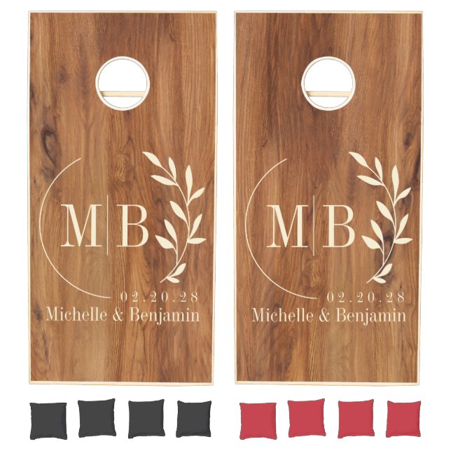 Maple Wood Leaf Wedding Monogram Cornhole Set (Set)