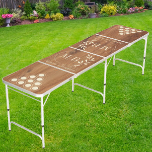 Maple Wood Modern Leaf Wedding Monogram CR Beer Pong Table