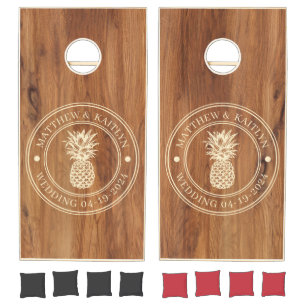 Maple Wood Pineapple Wedding Crest & Names Cornhole Set