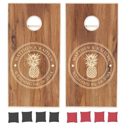 Maple Wood Pineapple Wedding Crest &amp; Names Cornhole Set