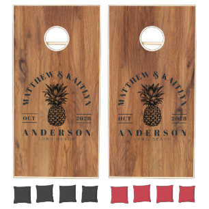 Maple Wood Tropical Pineapple Wedding Crest BK Cornhole Set
