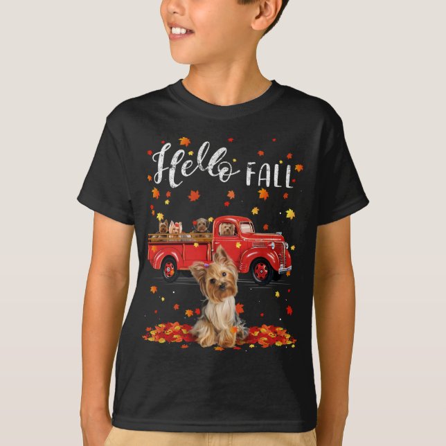 Maple Yorkshire Terrier Dog Leaf Fall Autumn Red T T-Shirt (Front)