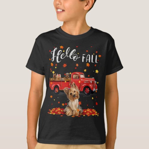 Maple Yorkshire Terrier Dog Leaf Fall Autumn Red T T_Shirt