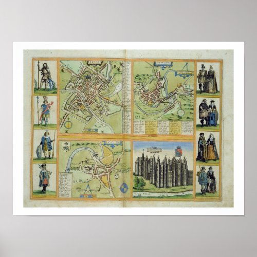 Maps of York Shrewsbury Lancaster and Richmond Poster