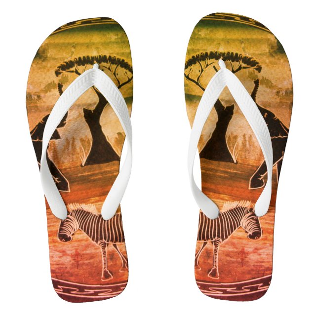 Mara Trumpet Glory African Elephant Zebra Oil Pain Flip Flops (Footbed)