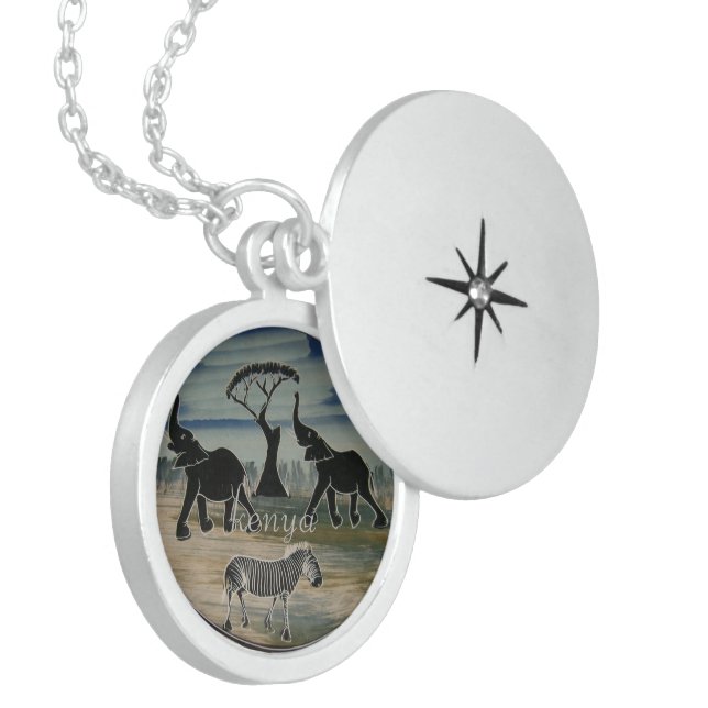 Mara Trumpet Glory African Elephant Zebra Oil Pain Locket Necklace (Front Left)