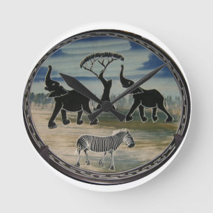 Mara Trumpet Glory African Elephant Zebra Oil Pain Round Clock