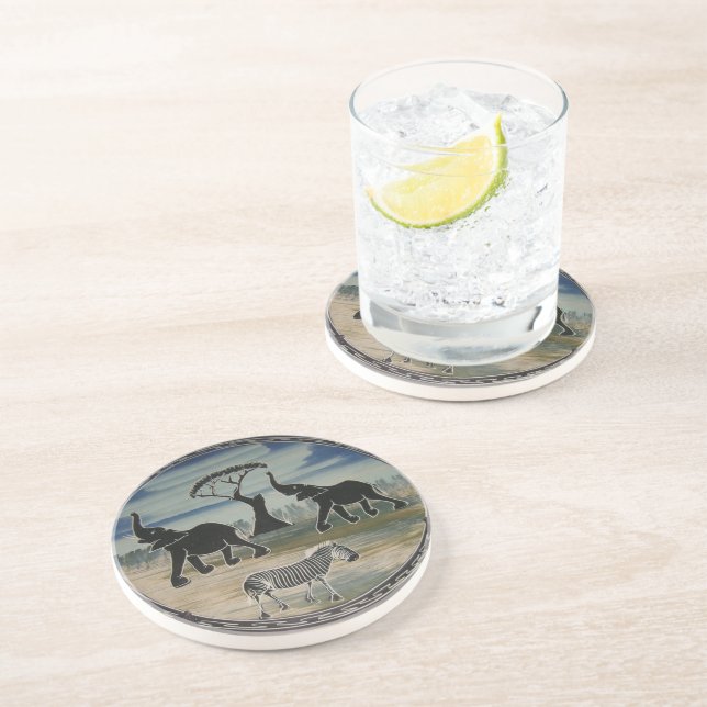 Mara Trumpet Glory African Elephant Zebra Oil Pain Sandstone Coaster (Side)