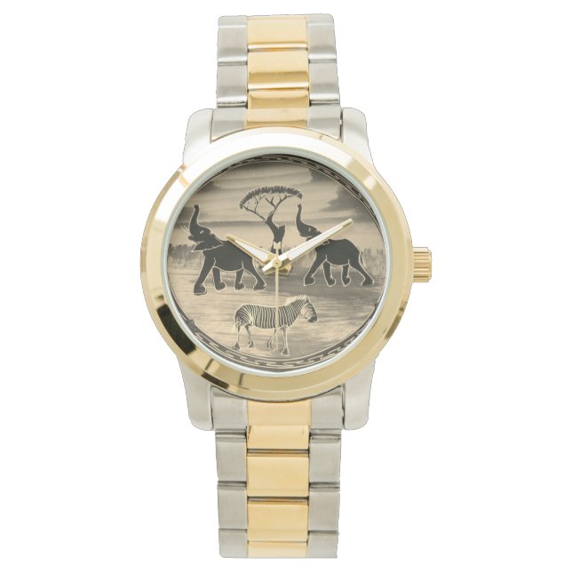 Mara Trumpet Glory African Elephant Zebra Oil Pain Watch (Front)