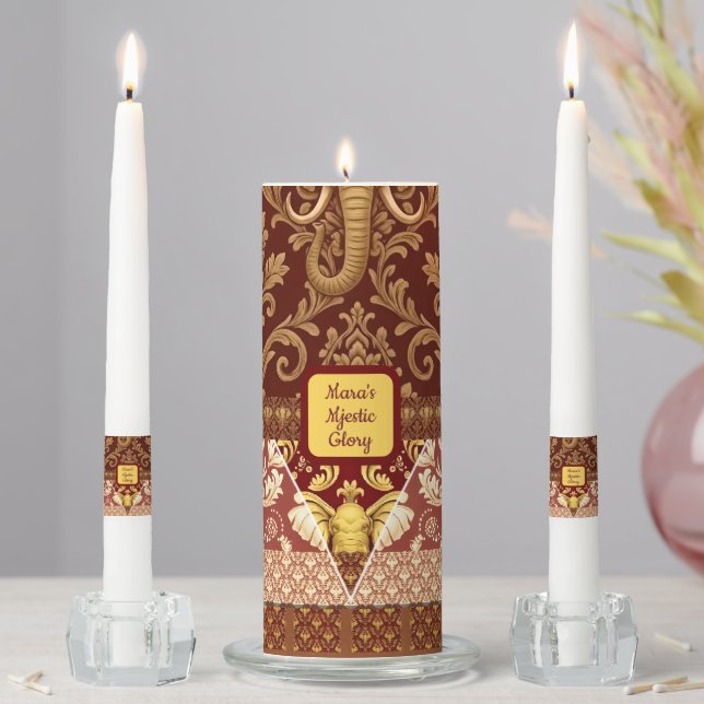Mara Trumpeting Glory Crimson & Gold Regal Elephan Unity Candle Set (In Situ)