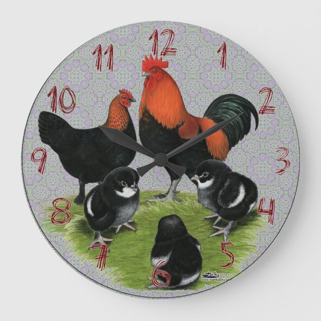 Marans Black Copper Chicken Family Large Clock (Front)