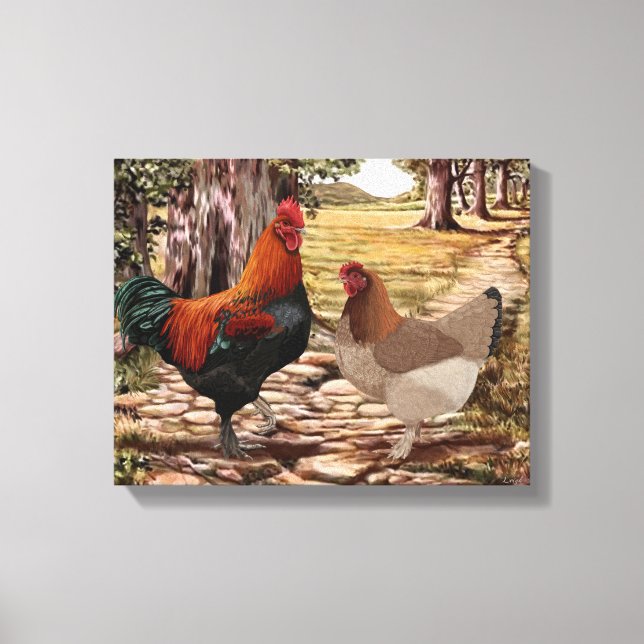Marans Hen and Rooster in a Wooded Setting Canvas Print (Front)