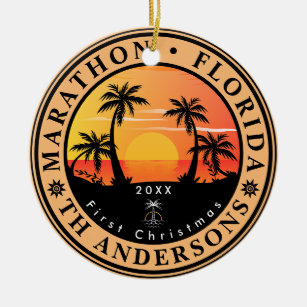 Marathon Florida Retro Sunset Palm Tree 80s Ceramic Ornament