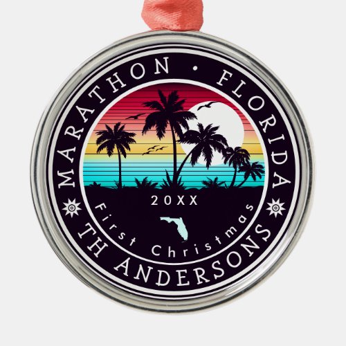 Marathon Florida Retro Sunset Palm Tree 80s Metal Ornament