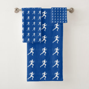 Marathon Runners & Heartbeat Line on Blue  Bath Towel Set