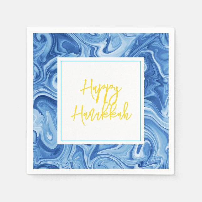 Marbelized Paint Art Blue Happy Hanukkah Yellow Napkins (Front)