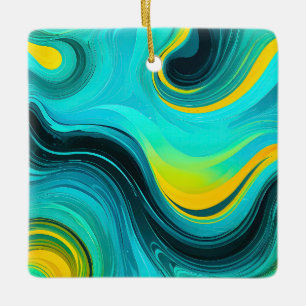 “Marbella” Blue Yellow Swirls Waves Ceramic Ornament