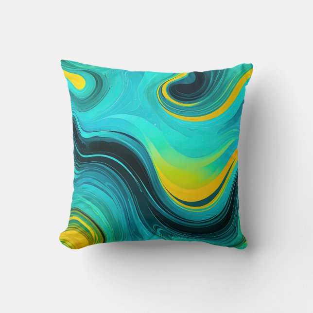 “Marbella” Blue Yellow Swirls Waves Throw Pillow (Front)