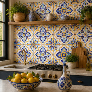 Marbella Mosaic Coastal Blue and Gold Medallion Ceramic Tile