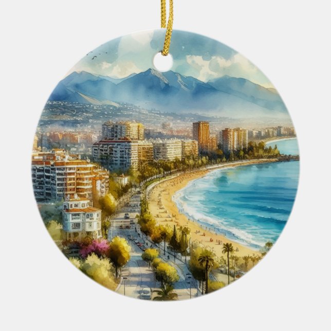 Marbella Spain Watercolor Ceramic Ornament (Front)