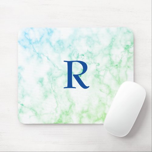 Marble Abstract Blue Green White Monogram Ombre Mouse Pad