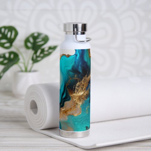 Marble Abstract Cyan Blue Gold Water Bottle