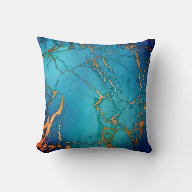MARBLE ABSTRACT OCEAN BLUE GOLD PILLOW  (Front)