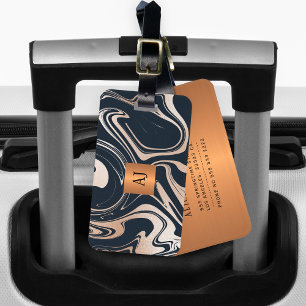 Marble abstract painting copper black monogrammed luggage tag