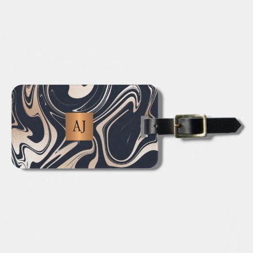 Marble abstract painting copper black monogrammed luggage tag