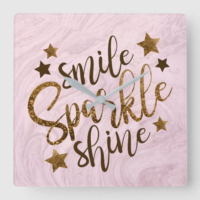 Marble Abstract Pink Motivational Gold Glitter Square Wall Clock (Front)