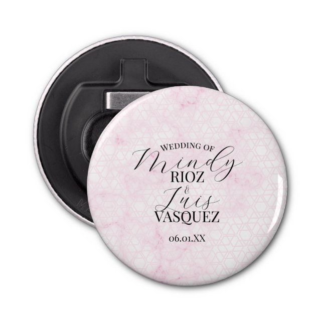 Marble Abstract Pink Wedding Script Black  Bottle Opener (Front)