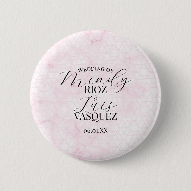 Marble Abstract Pink Wedding Script Black  Button (Front)
