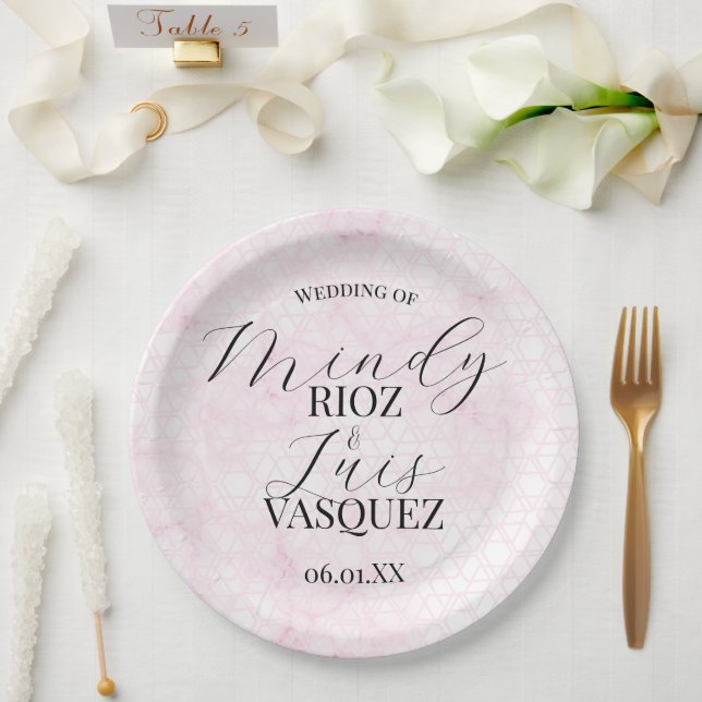 Marble Abstract Pink Wedding Script Black  Paper Plates (Wedding)