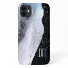 Marble Abstract Silver Blue Glitter Monogram