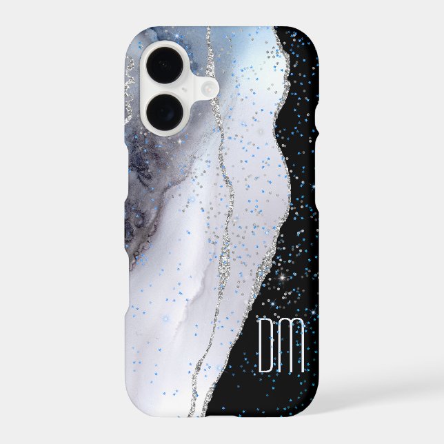 Marble Abstract Silver Blue Glitter Monogram Iphone Case (Back)