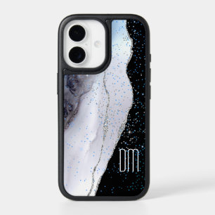 Marble Abstract Silver Blue Glitter Monogram iPhone 17 Case