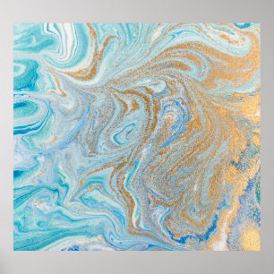 Marble acrylic background, blue with golden glitte poster