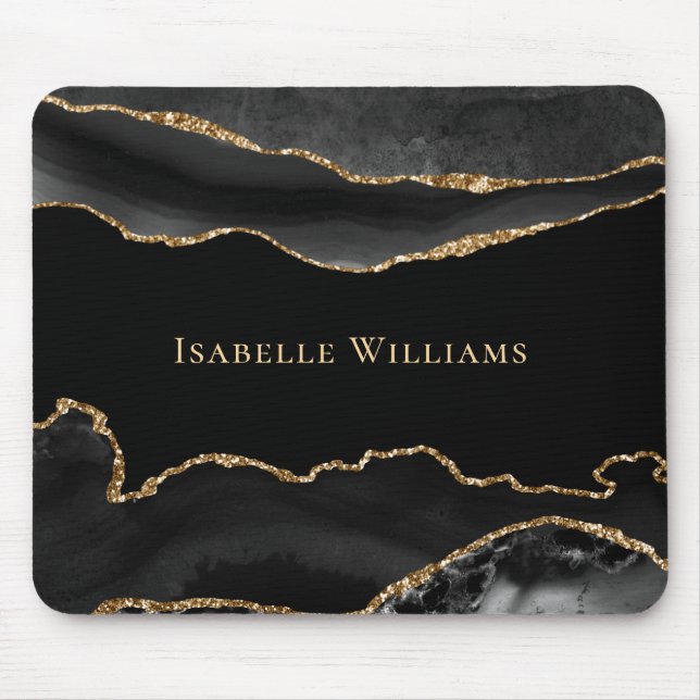 Marble Agate Black Gold Elegant Chic Personalized  Mouse Pad (Front)