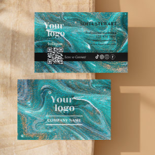 Marble Agate Blue Teal Aqua Instagram Qr Code Business Card