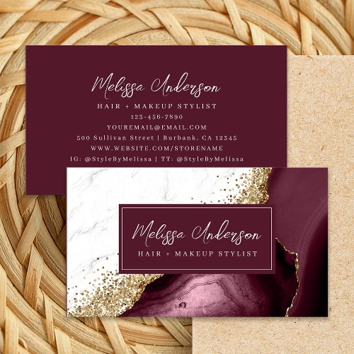 Marble Agate Burgundy Gold Glitter Luxe Business Card