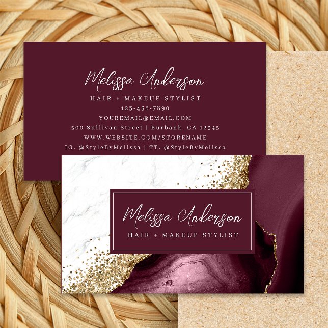 Marble Agate Burgundy Gold Glitter Luxe Business Card (Creator Uploaded)