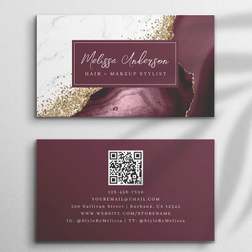 Marble Agate Burgundy Gold Glitter QR Code Business Card
