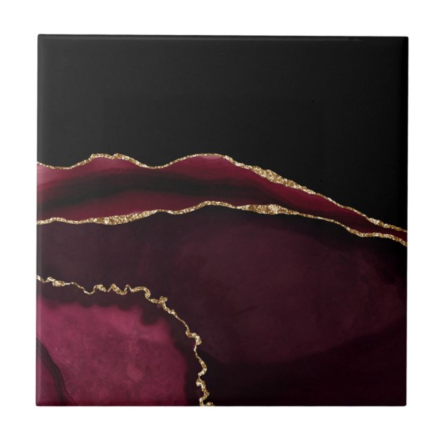 Marble Agate Chic Black Purple Gold Glitter Ceramic Tile (Front)