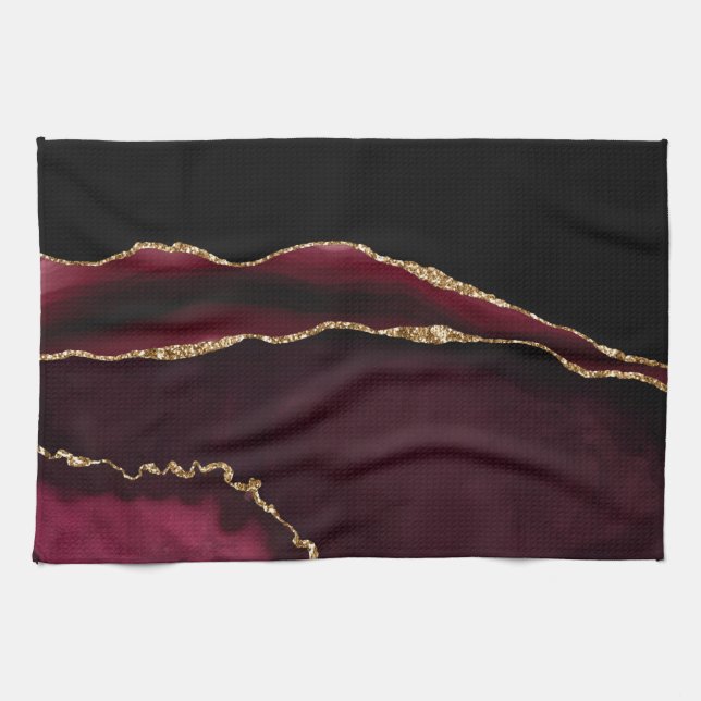 Marble Agate Chic Black Purple Gold Glitter Kitchen Towel (Horizontal)